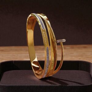 Luxury Gold Multi-Layer Pave Bangle with Nail Accent - Women's Stacked Bracelet