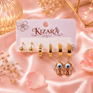 Kizara Evil Eye Hamsa Gold Hoop Earrings Set – Anti-Tarnish Set of 3