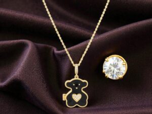 Adorable Openable Black Enamel Teddy Bear Necklace with Heart - Gold Chain Locket Pendant