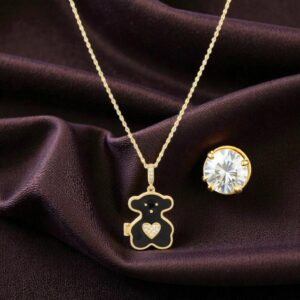 Adorable Openable Black Enamel Teddy Bear Necklace with Heart - Gold Chain Locket Pendant