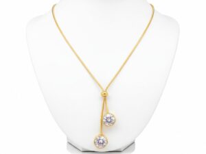 Elegant Gold Dangle Necklace with Double Pave CZ Drops - Women's Adjustable Pendant Chain