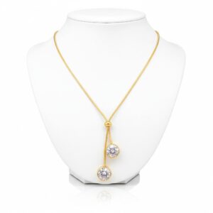 Elegant Gold Dangle Necklace with Double Pave CZ Drops - Women's Adjustable Pendant Chain