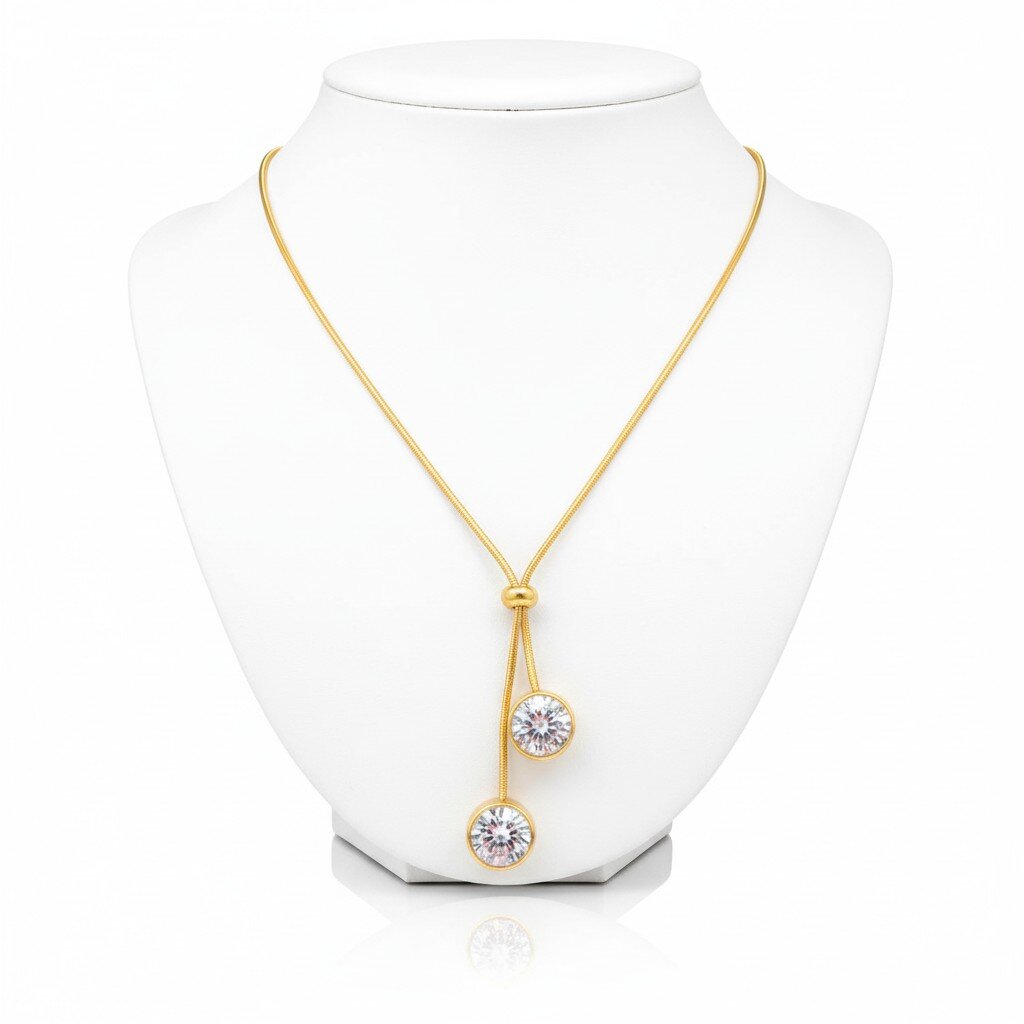 Elegant Gold Dangle Necklace with Double Pave CZ Drops - Women's Adjustable Pendant Chain