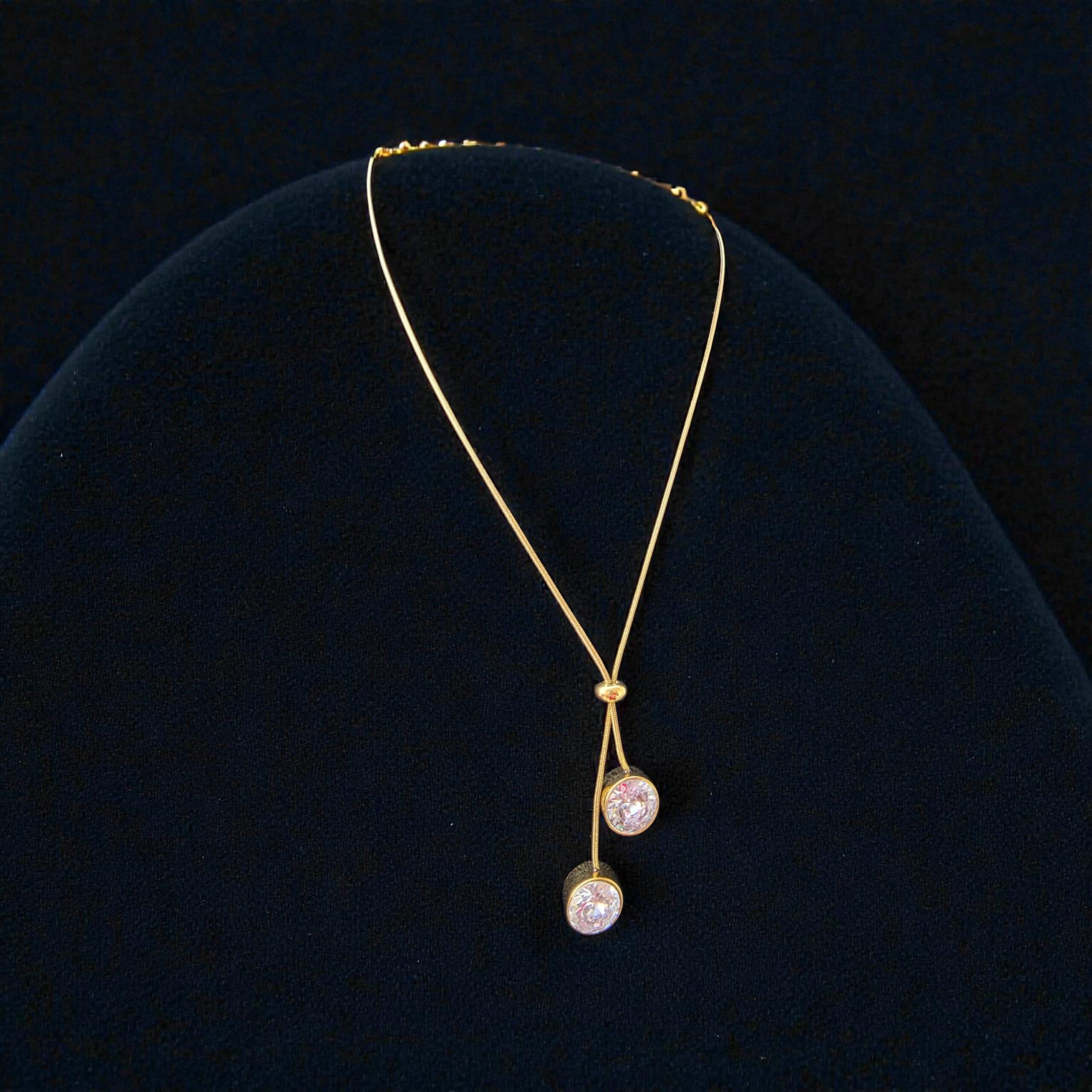 Elegant Gold Dangle Necklace with Double Pave CZ Drops - Women's Adjustable Pendant Chain - Image 2