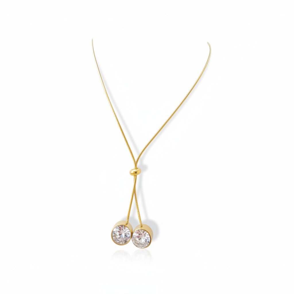 Elegant Gold Dangle Necklace with Double Pave CZ Drops - Women's Adjustable Pendant Chain - Image 3