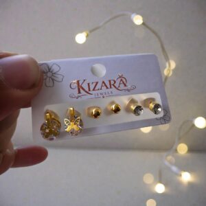 Kizara 6-Piece Butterfly CZ Gold Earrings Set – Anti-Tarnish Studs Drops Mix