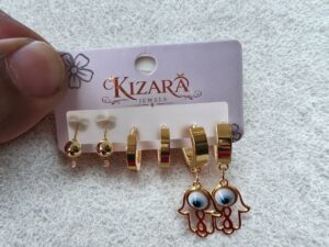 Kizara Evil Eye Hamsa Gold Hoop Earrings Set – Anti-Tarnish Set of 3