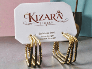 Kizara Triple Cube Geometric Gold Hoop Earrings – Anti-Tarnish Bold Huggies
