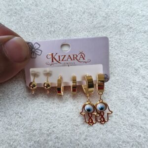 Kizara Evil Eye Hamsa Gold Hoop Earrings Set – Anti-Tarnish Set of 3