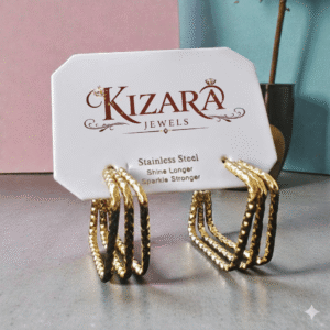 Kizara Triple Cube Geometric Gold Hoop Earrings – Anti-Tarnish Bold Huggies