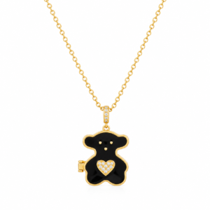 Adorable Openable Black Enamel Teddy Bear Necklace with Heart - Gold Chain Locket Pendant