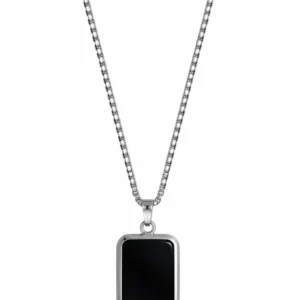 Kizara Stainless Steel Bar Pendant Necklace for Men | Stylish Silver Chain with Black Pendant for Men & Boys | Minimal Fashion Jewellery | Gift for Him