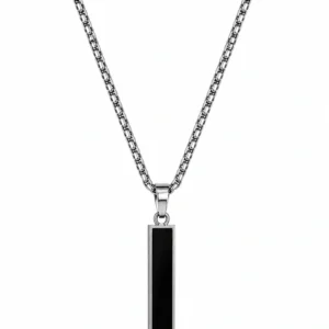 Kizara Stainless Steel Black Bar Pendant Necklace for Men | Stylish Silver Chain with Crystal Accent