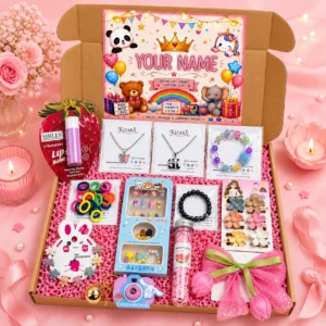 Kizara Customized Name Kids Gift Hamper for Girls | 12-Piece Birthday Gift Box