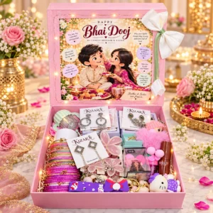 KIZARA Premium Bhai Dooj Gift Hamper for Sister | Jewellery, Beauty & Cute Accessories | Happy Bhai Dooj Surprise Gift Box