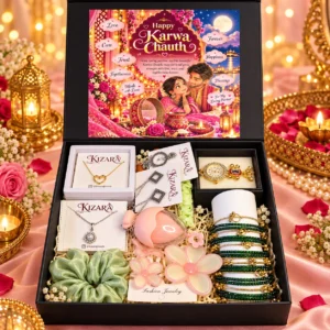 Kizara Premium Black Karwa Chauth Gift Hamper for Wife & Girlfriend | Luxury Romantic Gift Box with Jewellery, Green Bangles, Watch & Fashion Accessories