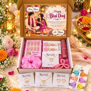 KIZARA Personalized Bhai Dooj Gift Hamper for Sister | Jewellery, Beauty & Hair Accessories | Customized Name Surprise Gift Box