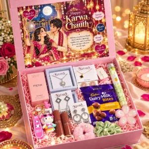 Kizara Premium Pink Karwa Chauth Gift Hamper for Wife & Girlfriend | Romantic Gift Box with Jewellery, Bangles, Beauty Accessories & Chocolates